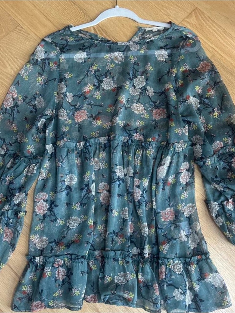 Easel Brand Floral Ruffle Tiered Sheer Tunic Blouse in Teal Green